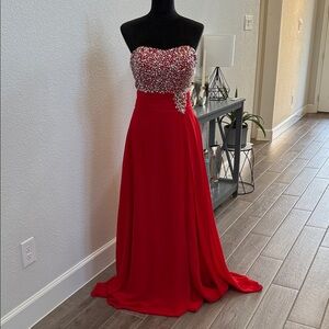 Strapless Red Evening Gown with Beaded Bodice